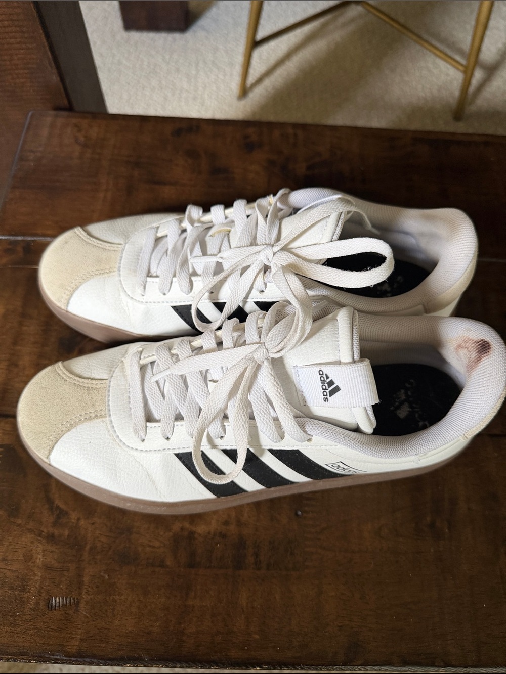 adidas White Sneakers with Black Three Stripes and Gum Sole